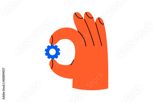 Hand drawn cute cartoon illustration hand with gear. Flat vector arm holding mechanism part in doodle style. Support service icon. Settings or fix problem. Part or cog of the team. Teamwork. Isolated.