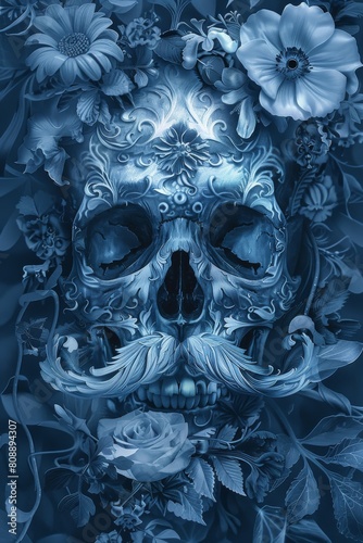 Floral Adorned Skull in Moody Blue Tones 