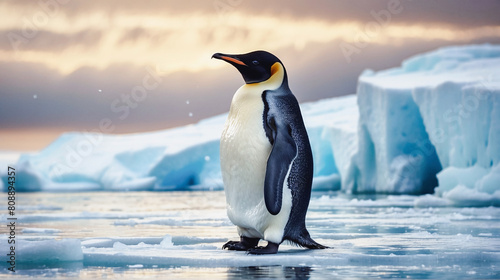 Lonely penguin standing on melting ice at sunset. Emperor penguin in Antarctica. Climate change and global warming issues