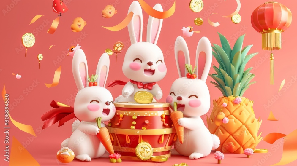 Φωτογραφία An adorable bunny holding a drum, a carrot, and a coin celebrates Chinese new year around a full treasure chest and a giant pineapple
