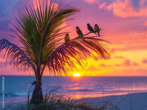 A palm tree with three birds perched on its leaves. The birds are yellow and green. The scene is set on a beach at sunset