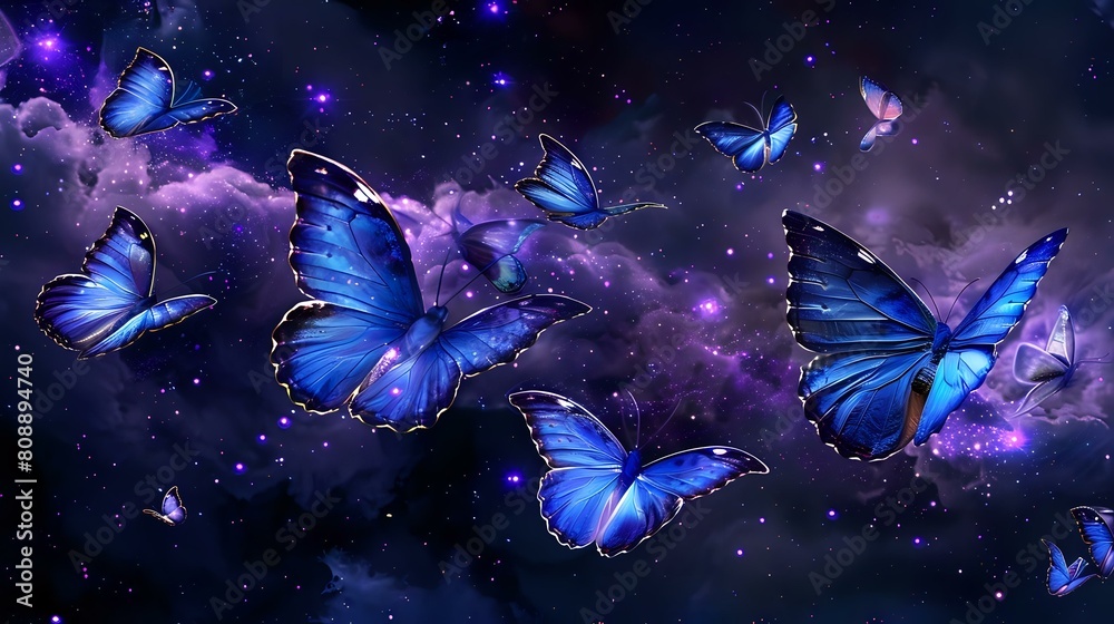 Dark Sky Butterfly Flight: Multiple Menelaus Blue Morphs in Detailed Artwork Dark Sky Butterfly Flight: Multiple Menelaus Blue Morphs in Detailed Artwork