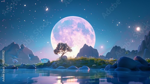 In 3D, we have a beautiful starry sky and a huge full moon in the background, along with adorable nature.