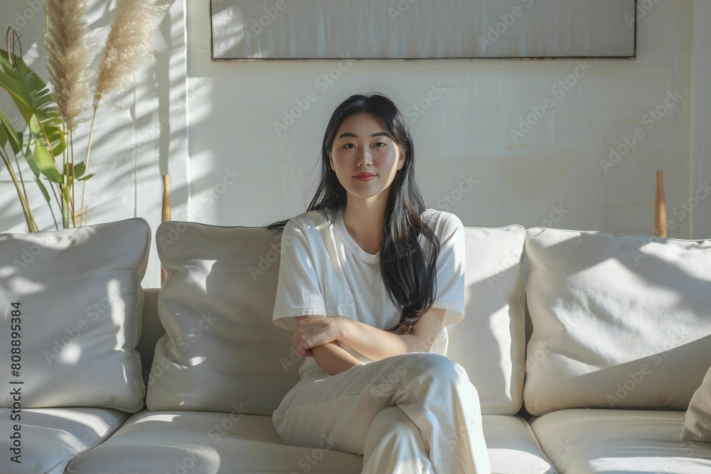 Φωτογραφία Young Asian Woman in Contemporary Living Room with Beige White Sofa and Natural