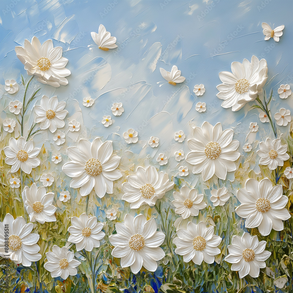 White Blossom Chrysanthemum flowers in garden with white butterfly in artistic oil painting. Summer art illustration. White Blossom Chrysanthemum flowers in garden with white butterfly in artistic oil painting. Summer art illustration.