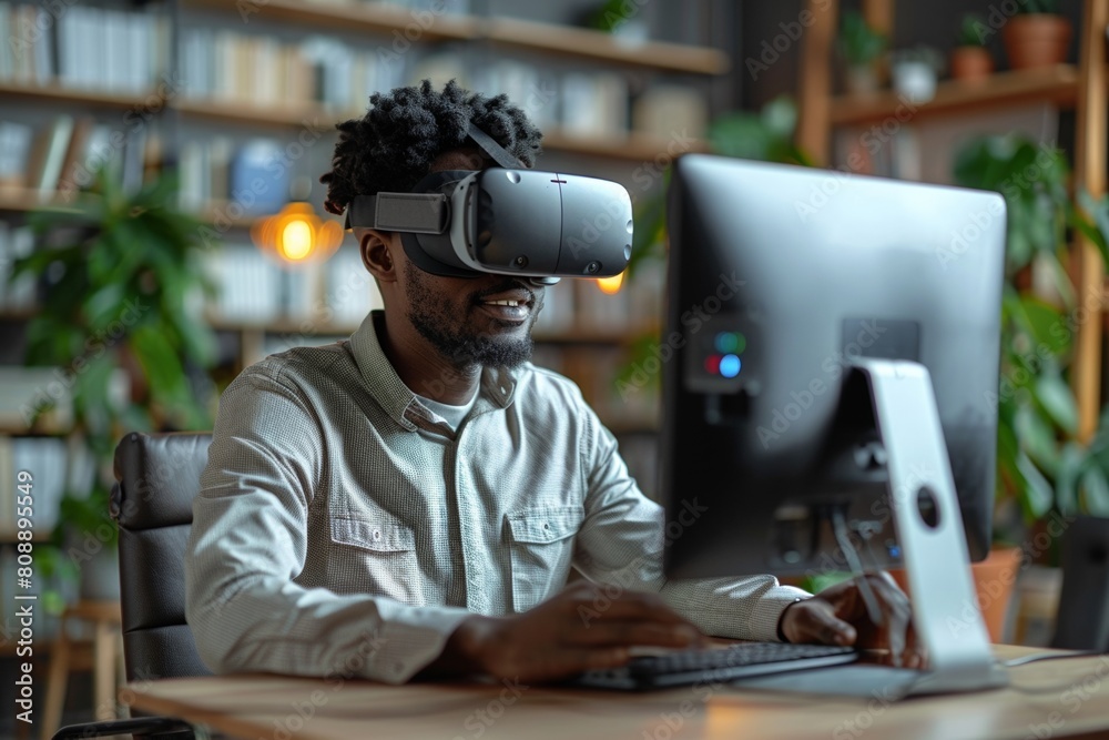 In a futuristic setting, an African man enjoys gaming with virtual reality headset and laptop. In a futuristic setting, an African man enjoys gaming with virtual reality headset and laptop.