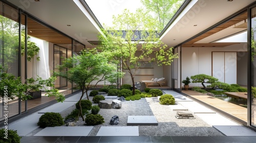 Tranquil Japanese garden integrates seamlessly with modern home architecture  featuring lush greenery and serene water elements