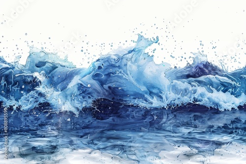 A vivid turquoise ocean with splashing waves against a white background  capturing the beauty of nature.