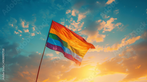 Pride rainbow lgbt gay flag being waved in the breeze against a sunset sky. Stock Photo photography photo