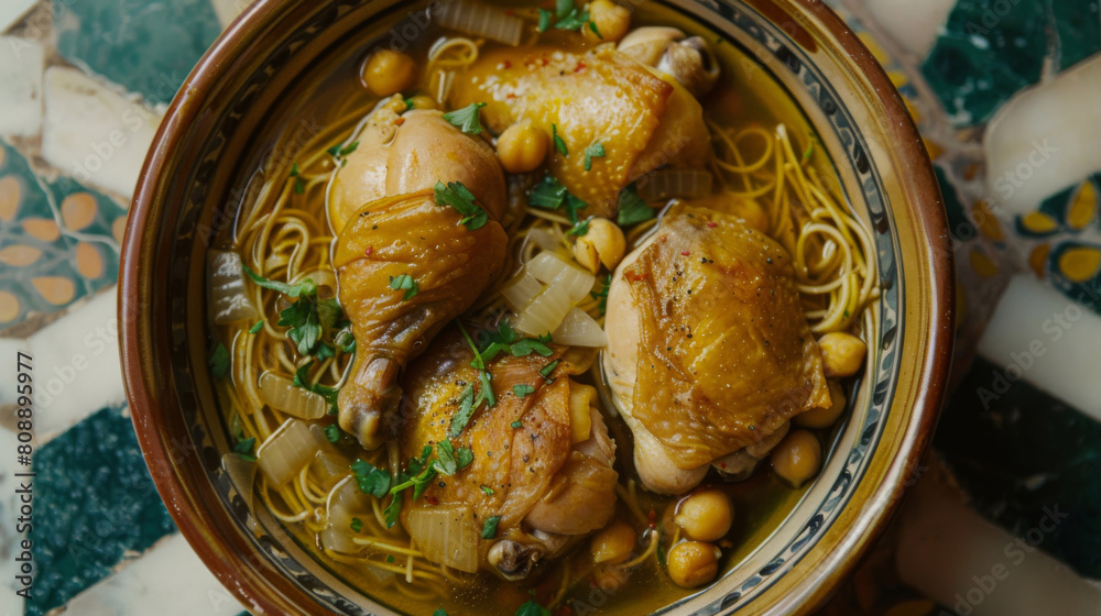 Traditional algerian chicken soup with chickpeas, noodles, and a ...