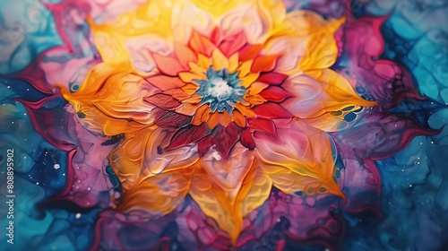 A vibrant mandala painted on a canvas, blending watercolors and acrylics to create a fluid, dynamic pattern