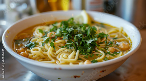 Authentic algerian chickpea soup garnished with fresh parsley, served in a white bowl, depicting the vibrant cuisine of algeria