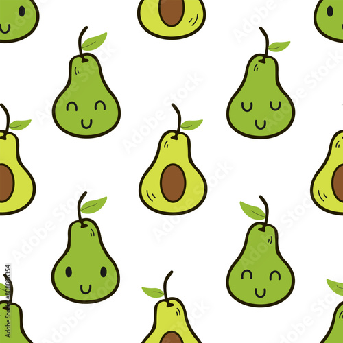 Cute avocado seamless pattern. Cartoon fruit background. Vector illustration. For fabric, textile, wallpaper, wrapping paper © LindaAyu