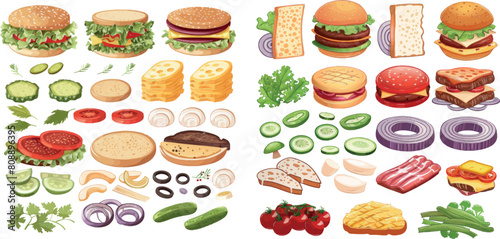Sandwiches elements. Cartoon ingredients for tasty burger and hamburger,