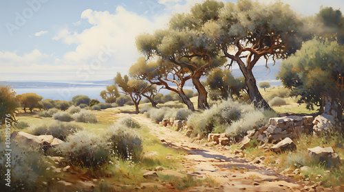 A tranquil scene with agaricus mushrooms in a sun-drenched olive grove, with the sea shimmering in the distance. photo