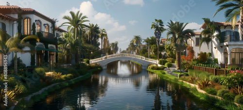 A small white bridge over the canal in front of each house, with many trees and plants on both sides of the waterway, creating a symmetrical view. The photorealistic rendering has a cinematic and phot