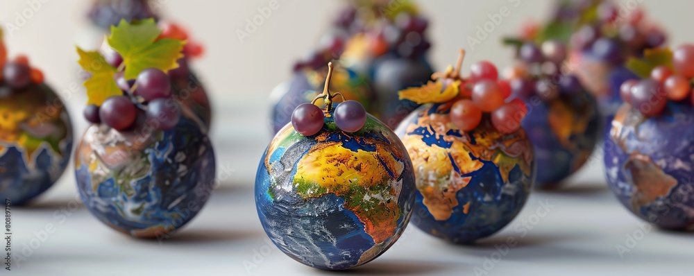 A cluster of small globes made of grapes. Each globe is topped with a different variety of grapes. The globes are arranged in a row against a white background.