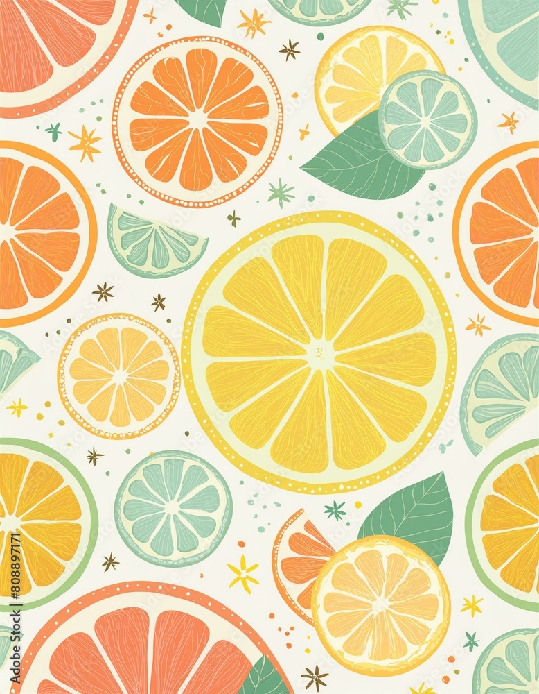 Vibrant wallpaper featuring a pattern of sliced citrus fruits—lemons, oranges, limes, and grapefruits—in cross-section