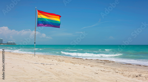 Rainbow flag on a gay beach in Miami Beach, South Beach, 12th street. Florida. USA. Stock Photo photography
