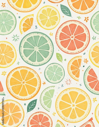 Vibrant wallpaper featuring a pattern of sliced citrus fruits—lemons, oranges, limes, and grapefruits—in cross-section