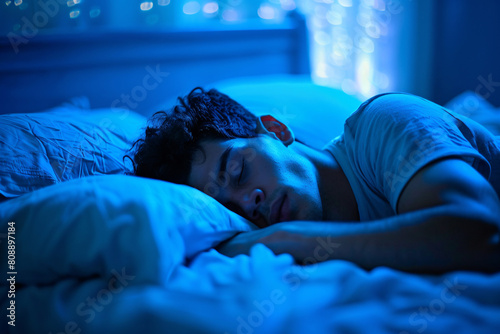 close up young latin man sleeping in bed at night. hispanic male sleep hygiene concept good night rest and wellness