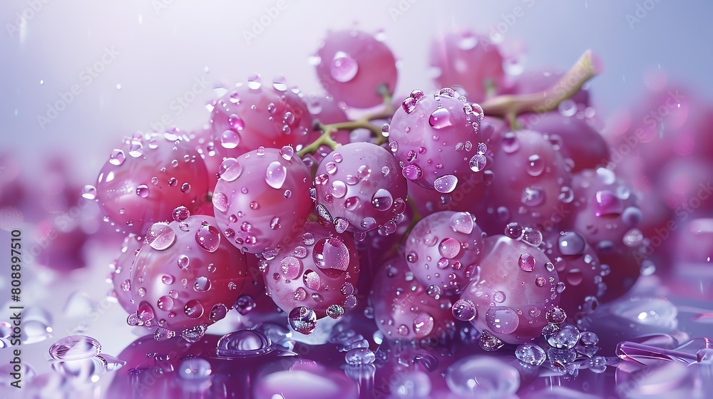 Macro shot of a bunch of purple grapes with water droplets on them. The grapes are arranged in a cluster and lit with a soft light. The background is a blurred purple. Macro shot of a bunch of purple grapes with water droplets on them. The grapes are arranged in a cluster and lit with a soft light. The background is a blurred purple.