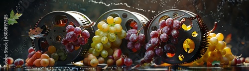 A beautiful close up of a bunch of grapes on a film reel with water drops.