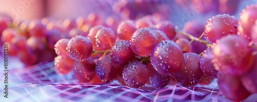 Macro shot of a bunch of purple grapes with water drops on a purple surface