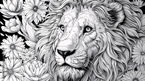 Artistic coloring page of Lion with intricate patterns and floral backdrop