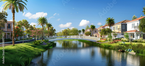create rendering of small canal in front of single story townhouses with bridges connecting houses, green grass and palm trees on the side of the canals, blue sky, photorealistic, high resolution, hig