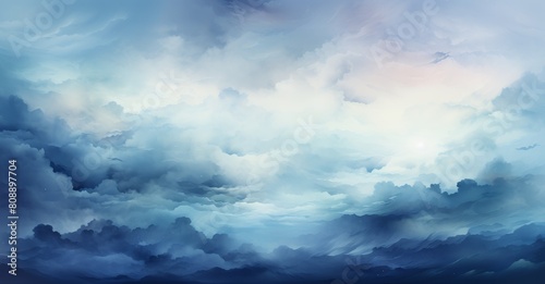 Serene high-resolution image capturing the ethereal beauty of a vast skyscape, with fluffy clouds, subtle hues of blues and soft sun rays piercing through © Enigma