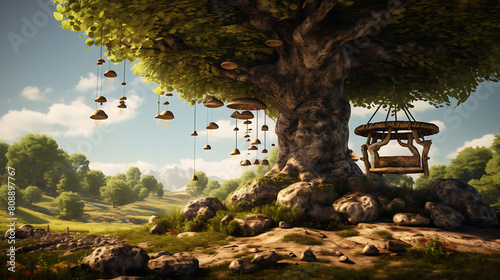 A tranquil scene with agaricus mushrooms on a grassy knoll under a sprawling oak tree with a rope swing.