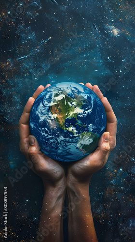 Photo realistic Earth in Hands Icon  Symbolizing Shared Responsibility for Future Generations in Planet Protection Concept