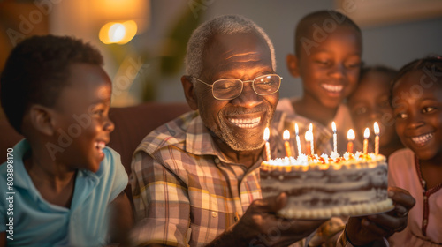 Happy african grandfahter holding birthday cake while celebrating his birthday with grandchildren at home - Models by AI generative.