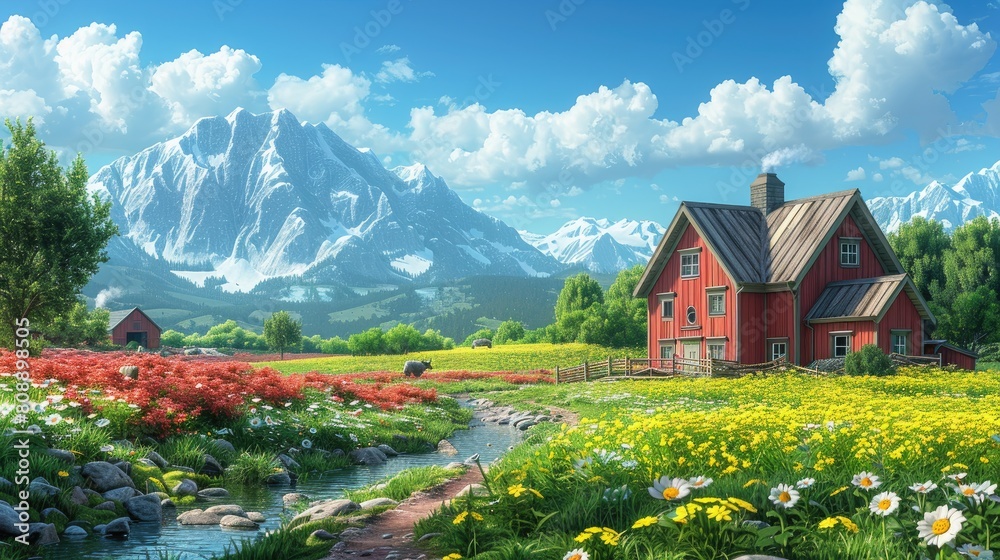 Idyllic Countryside, Quaint farmhouses nestled among rolling hills and fields of flowers, depicting the charm and simplicity of rural life