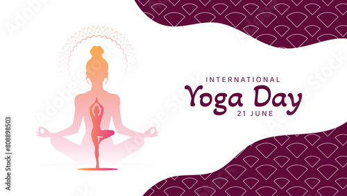21 june international yoga day, woman in yoga pose gradient banner design