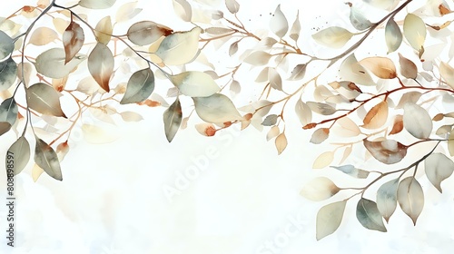 Clean Background Watercolor: Minimalist Tree Branches, Delicate Leaf Art