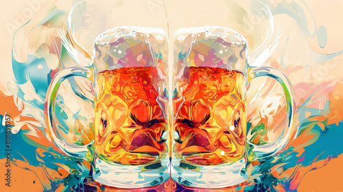 Two beer mugs clinking in a colorful, abstract art style. photo