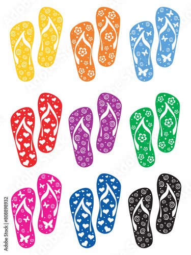 set of colorful flip flops isolated on white background. Collection of design elements. Vector illustration