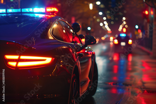 Closeup of police siren and blue and red flasher lights atop of a police car. Police car chasing another car on dark street at night after 911 Emergency response
