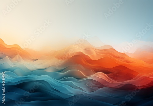 This digital artwork presents an abstract landscape with smooth, flowing waves in a gradient of warm to cool tones, evoking a serene yet dynamic natural environment