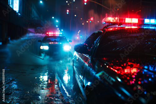 Closeup of police siren and blue and red flasher lights atop of a police car. Police car chasing another car on dark street at night after 911 Emergency response photo