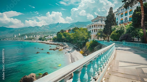 Embankment in Yalta  Clear Blue Waters  Boulevard  Buildings Along Promenade