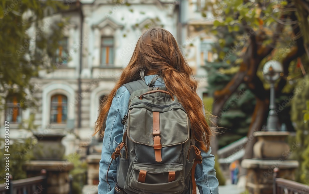 A woman with a backpack walks down a street in an urban setting A woman with a backpack walks down a street in an urban setting