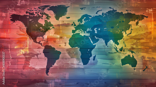 Rainbow world map with horizontal colours for wood background. Elements of this Image Furnished by NASA. Stock Photo photography #808900337