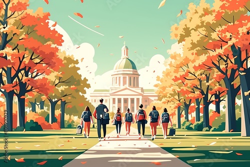 A flat illustration of students walking towards the main building on campus