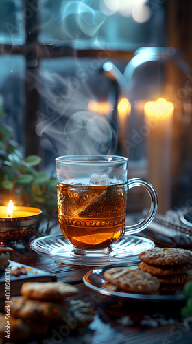 An individual enjoying a peaceful evening snack with tea  finding comfort and relaxation in a realistic photo concept