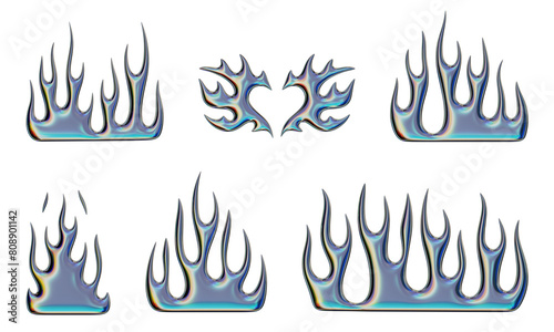 3D flames. Set of trendy Y2K elements. Chrome burning fire shapes with an iridescent effect. 3D render. Illustrations are isolated on white background.
