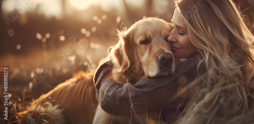 Sunset Serenity: Woman Embracing Her Beloved Dog in the Warm Glow