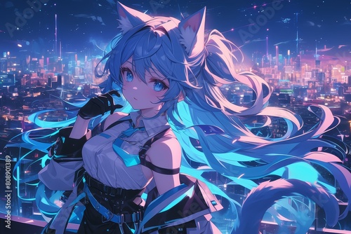 Anime catgirl wearing a black skirt and white top, with blue eyes and blonde hair, and glowing purple light effects around her against a city backgroun © Photo And Art Panda
